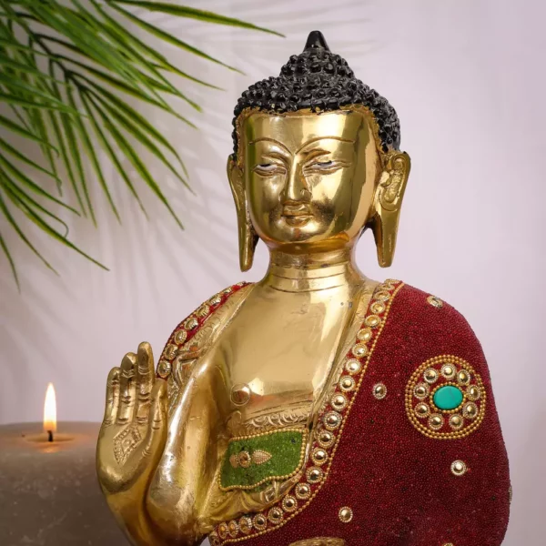 Large Brass Beaded Buddha Red Green